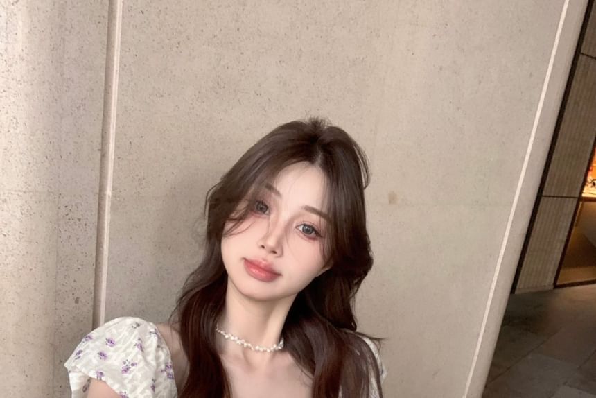 Puff-Sleeve Floral Bow Peplum Cropped Blouse / High Rise Plaid Asymmetrical Mini Pencil Skirt