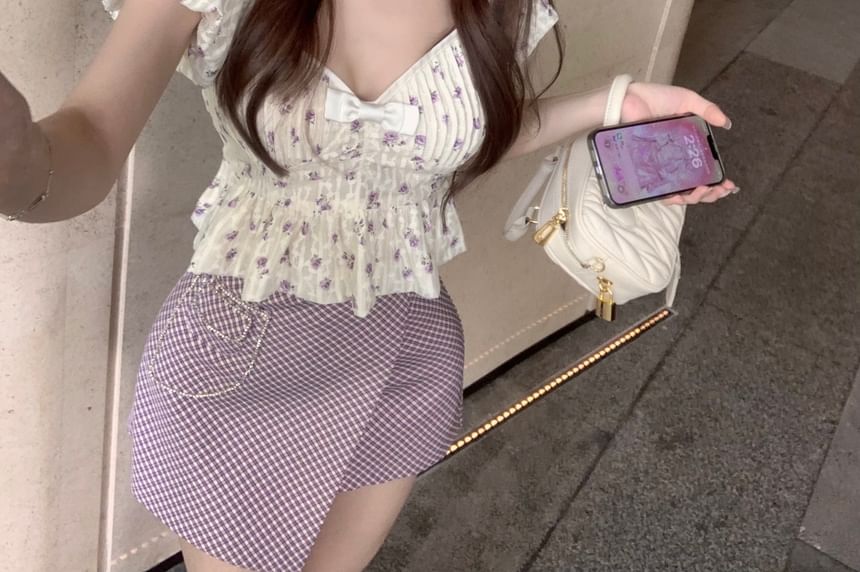 Puff-Sleeve Floral Bow Peplum Cropped Blouse / High Rise Plaid Asymmetrical Mini Pencil Skirt