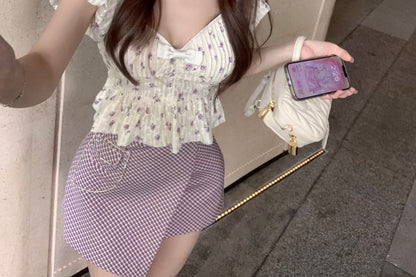 Puff-Sleeve Floral Bow Peplum Cropped Blouse / High Rise Plaid Asymmetrical Mini Pencil Skirt