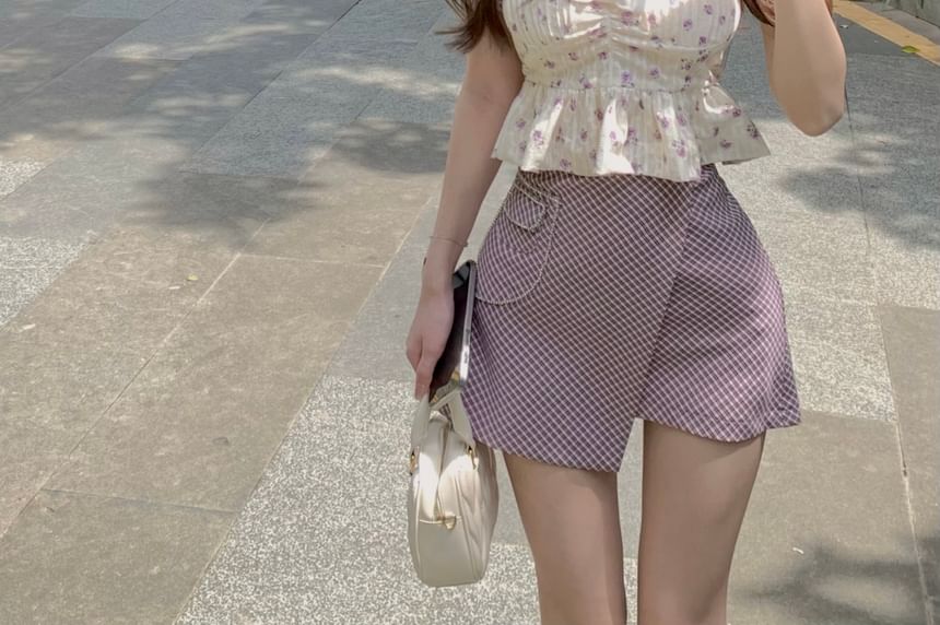 Puff-Sleeve Floral Bow Peplum Cropped Blouse / High Rise Plaid Asymmetrical Mini Pencil Skirt