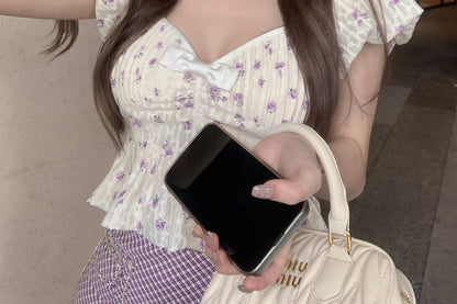 Puff-Sleeve Floral Bow Peplum Cropped Blouse / High Rise Plaid Asymmetrical Mini Pencil Skirt