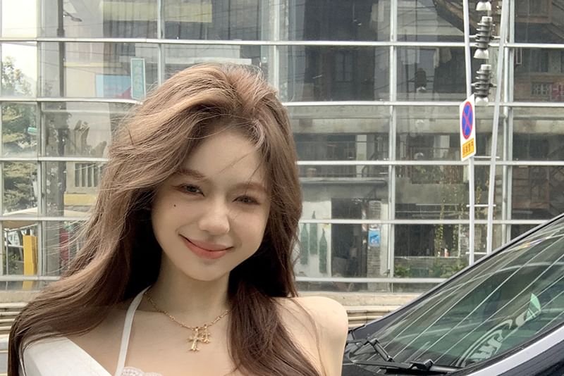 Set: Long-Sleeve V-Neck Plain Open Back Crop Slim Fit T-Shirt + Halter Camisole Top