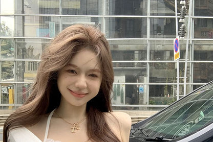 Set: Long-Sleeve V-Neck Plain Open Back Crop Slim Fit T-Shirt + Halter Camisole Top