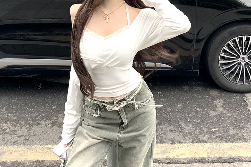 Set: Long-Sleeve V-Neck Plain Open Back Crop Slim Fit T-Shirt + Halter Camisole Top