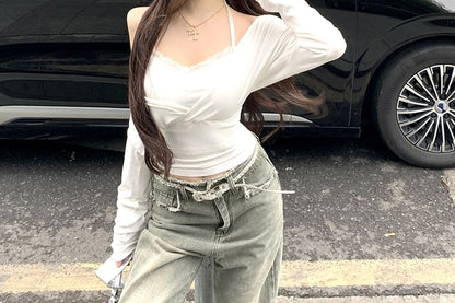 Set: Long-Sleeve V-Neck Plain Open Back Crop Slim Fit T-Shirt + Halter Camisole Top