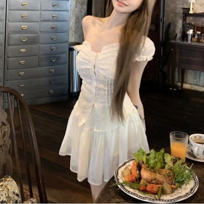 Short-Sleeve Lace Panel Slim Fit Blouse / High Waist Mini A-Line Skirt