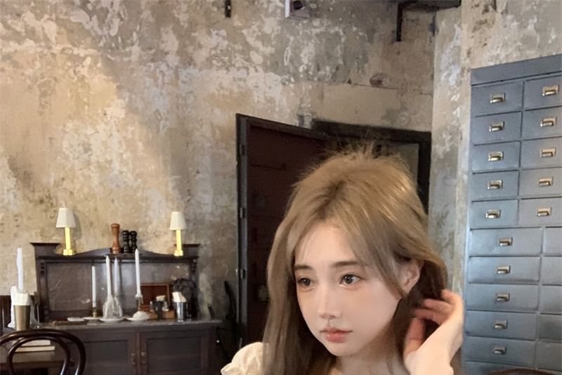 Short-Sleeve Lace Panel Slim Fit Blouse / High Waist Mini A-Line Skirt