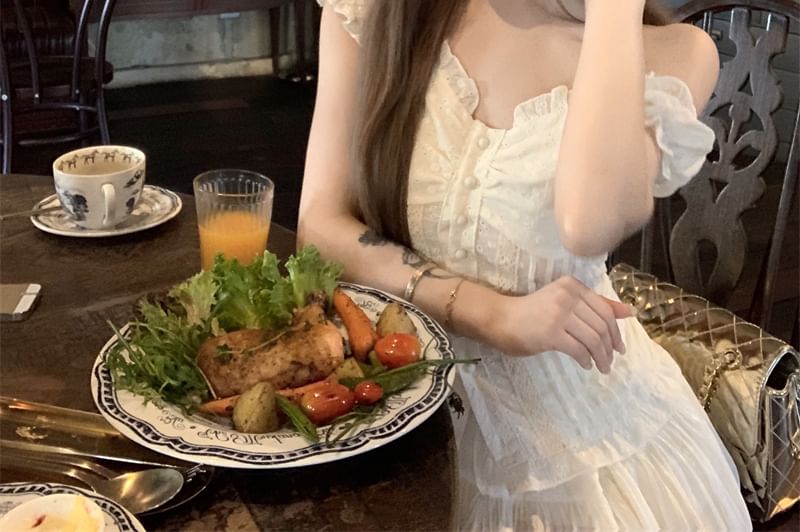 Short-Sleeve Lace Panel Slim Fit Blouse / High Waist Mini A-Line Skirt