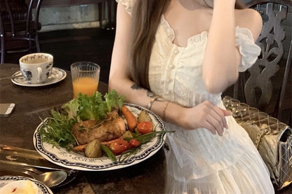 Short-Sleeve Lace Panel Slim Fit Blouse / High Waist Mini A-Line Skirt