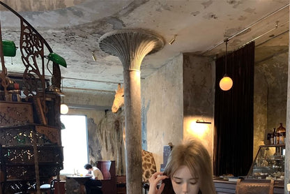 Short-Sleeve Lace Panel Slim Fit Blouse / High Waist Mini A-Line Skirt