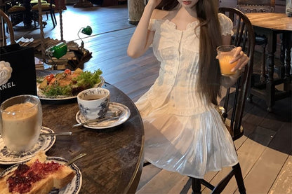 Short-Sleeve Lace Panel Slim Fit Blouse / High Waist Mini A-Line Skirt