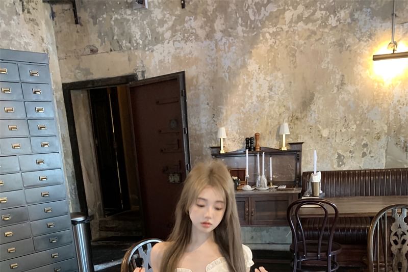 Short-Sleeve Lace Panel Slim Fit Blouse / High Waist Mini A-Line Skirt