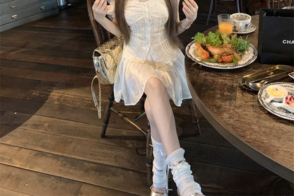 Short-Sleeve Lace Panel Slim Fit Blouse / High Waist Mini A-Line Skirt