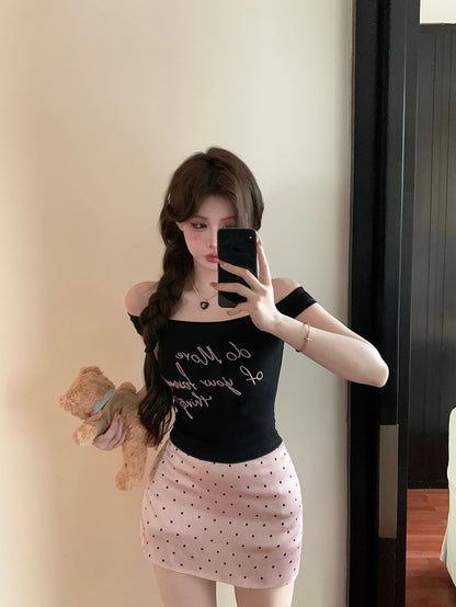 Off-Shoulder Lettering Embroidered Slim Fit Tank Top / High Waist Dotted Mini Pencil Skirt