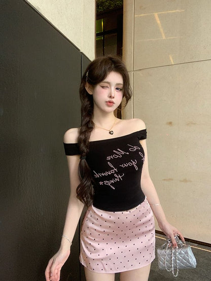 Off-Shoulder Lettering Embroidered Slim Fit Tank Top / High Waist Dotted Mini Pencil Skirt