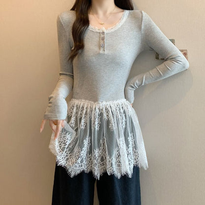 Long-Sleeve Henley Peplum Lace Panel Slim Fit T-Shirt