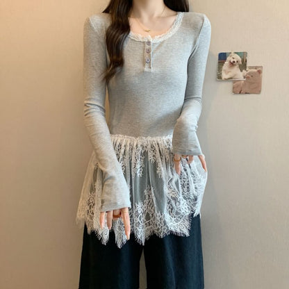 Long-Sleeve Henley Peplum Lace Panel Slim Fit T-Shirt