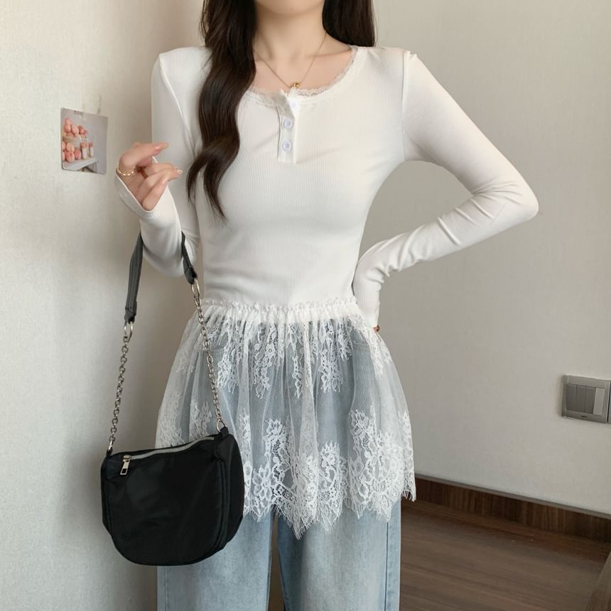 Long-Sleeve Henley Peplum Lace Panel Slim Fit T-Shirt