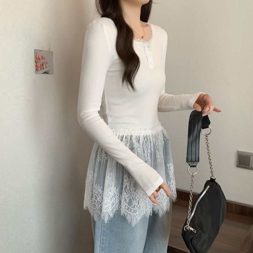 Long-Sleeve Henley Peplum Lace Panel Slim Fit T-Shirt