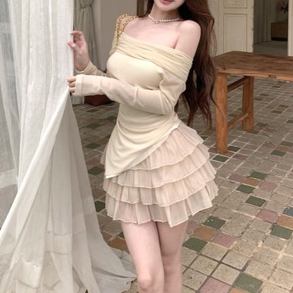 Long-Sleeve Off-Shoulder Plain Asymmetrical Ruched Slim Fit T-Shirt / High Rise Tiered Mini A-Line Skirt