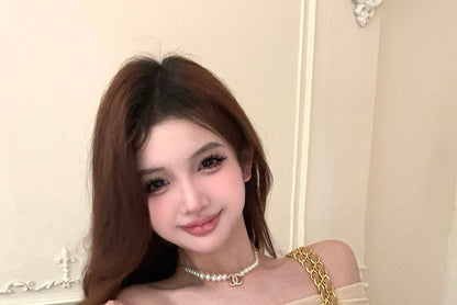 Long-Sleeve Off-Shoulder Plain Asymmetrical Ruched Slim Fit T-Shirt / High Rise Tiered Mini A-Line Skirt