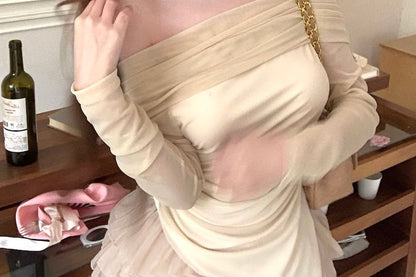 Long-Sleeve Off-Shoulder Plain Asymmetrical Ruched Slim Fit T-Shirt / High Rise Tiered Mini A-Line Skirt