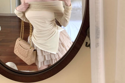 Long-Sleeve Off-Shoulder Plain Asymmetrical Ruched Slim Fit T-Shirt / High Rise Tiered Mini A-Line Skirt