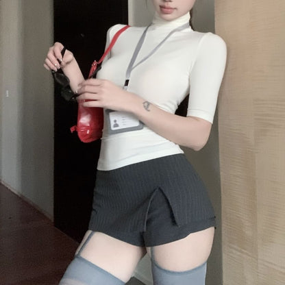 Short-Sleeve Turtleneck Plain Slim Fit Tee / High Waist Striped Slit Mini A-Line Skort
