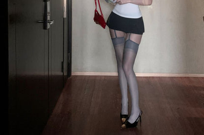 Short-Sleeve Turtleneck Plain Slim Fit Tee / High Waist Striped Slit Mini A-Line Skort