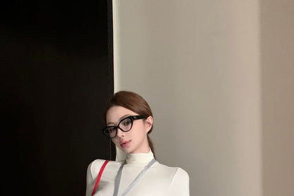 Short-Sleeve Turtleneck Plain Slim Fit Tee / High Waist Striped Slit Mini A-Line Skort