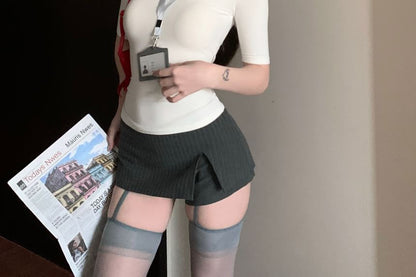 Short-Sleeve Turtleneck Plain Slim Fit Tee / High Waist Striped Slit Mini A-Line Skort