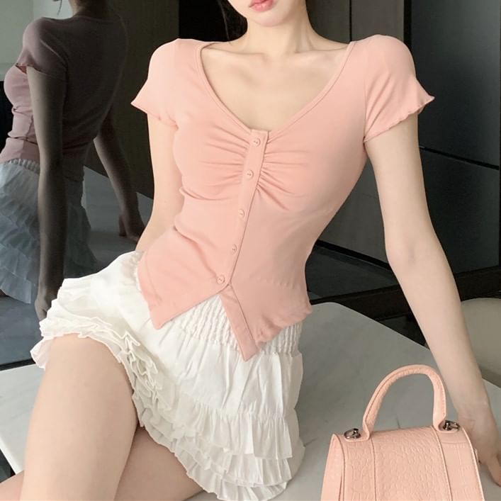Short-Sleeve V-Neck Plain Ruched Slit Crop Tee / High Waist Frill Trim Layered Mini A-Line Skirt