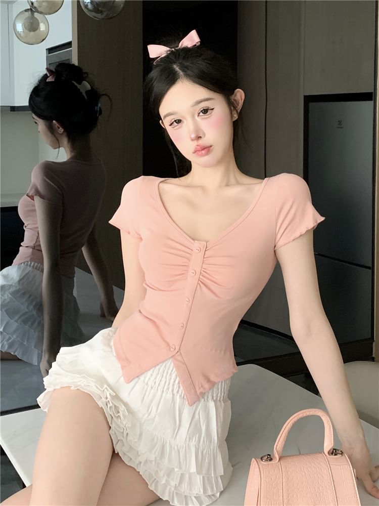 Short-Sleeve V-Neck Plain Ruched Slit Crop Tee / High Waist Frill Trim Layered Mini A-Line Skirt