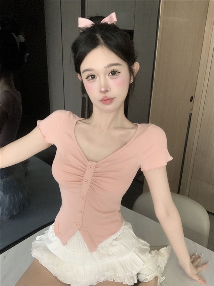 Short-Sleeve V-Neck Plain Ruched Slit Crop Tee / High Waist Frill Trim Layered Mini A-Line Skirt