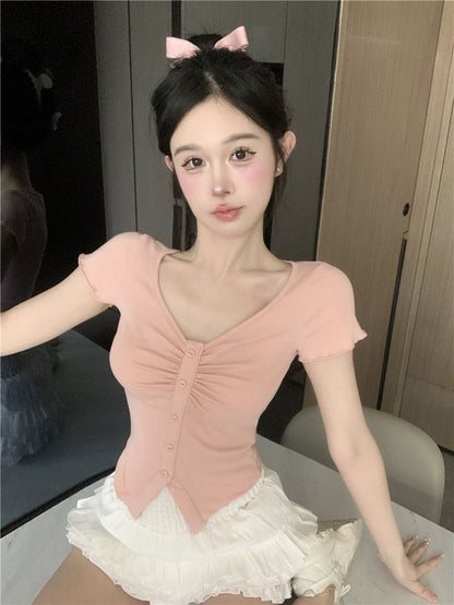 Short-Sleeve V-Neck Plain Ruched Slit Crop Tee / High Waist Frill Trim Layered Mini A-Line Skirt