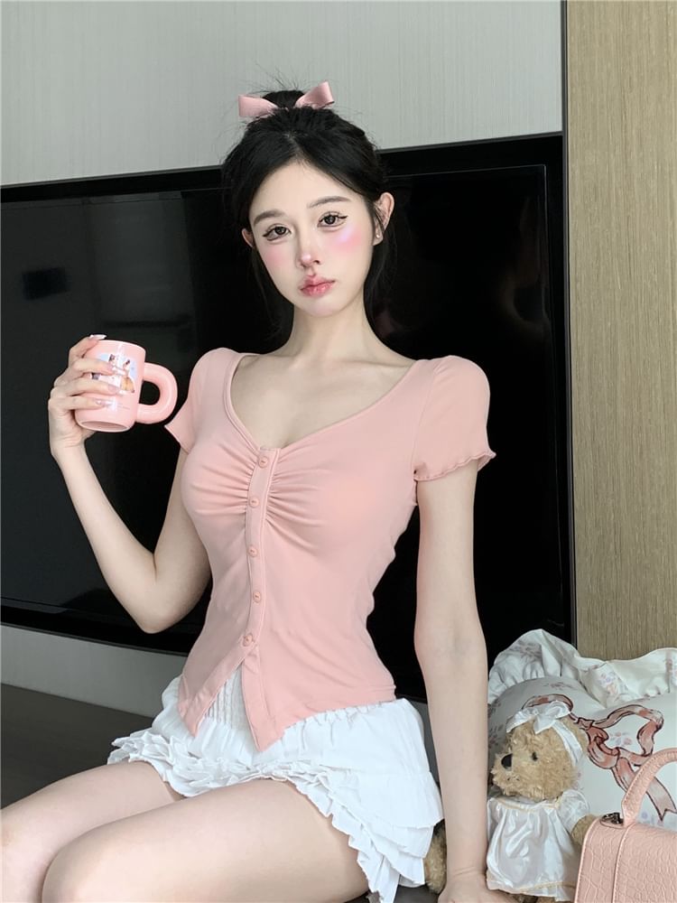 Short-Sleeve V-Neck Plain Ruched Slit Crop Tee / High Waist Frill Trim Layered Mini A-Line Skirt