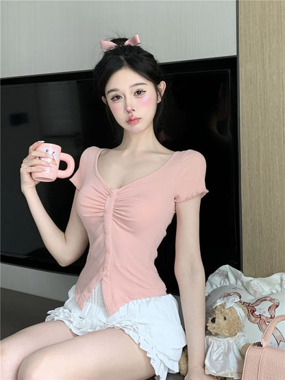 Short-Sleeve V-Neck Plain Ruched Slit Crop Tee / High Waist Frill Trim Layered Mini A-Line Skirt