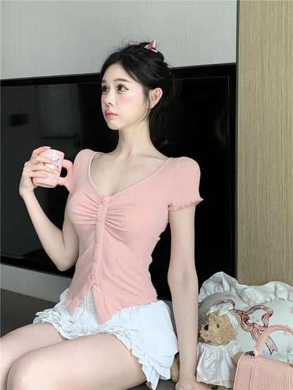 Short-Sleeve V-Neck Plain Ruched Slit Crop Tee / High Waist Frill Trim Layered Mini A-Line Skirt