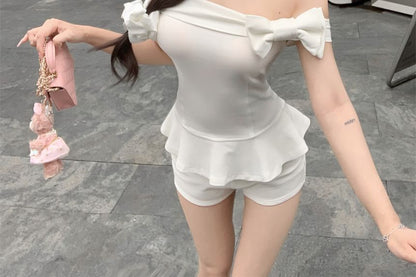 Off-Shoulder Plain Bow Accent Ruffle Hem Crop T-Shirt
