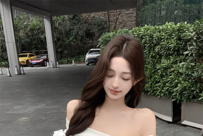 Off-Shoulder Plain Bow Accent Ruffle Hem Crop T-Shirt