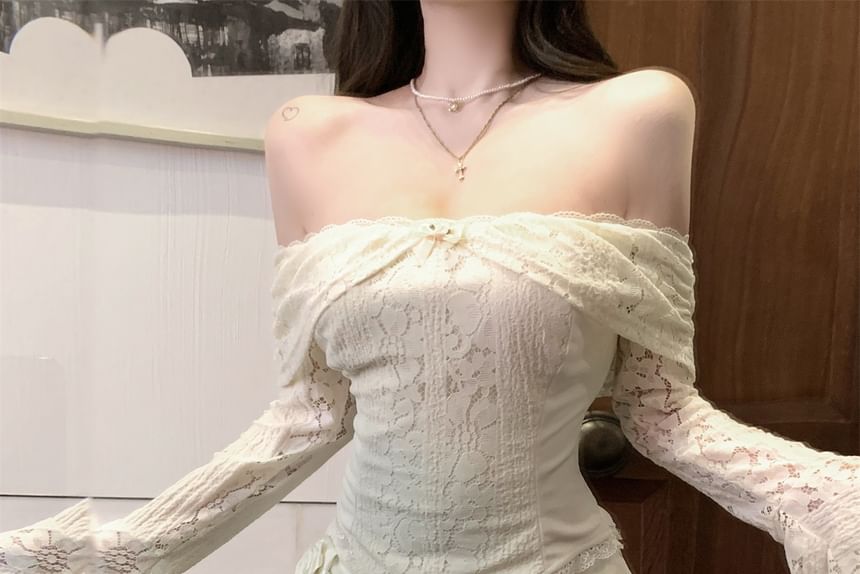 Long-Sleeve Off-Shoulder Lace Panel Slim Fit Crop Top / High Rise Floral Accent Mini Pencil Skirt