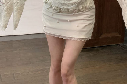 Long-Sleeve Off-Shoulder Lace Panel Slim Fit Crop Top / High Rise Floral Accent Mini Pencil Skirt