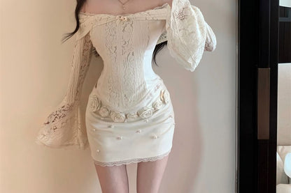 Long-Sleeve Off-Shoulder Lace Panel Slim Fit Crop Top / High Rise Floral Accent Mini Pencil Skirt