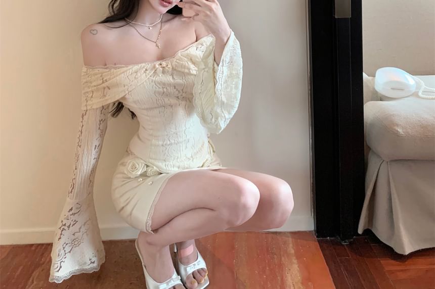 Long-Sleeve Off-Shoulder Lace Panel Slim Fit Crop Top / High Rise Floral Accent Mini Pencil Skirt