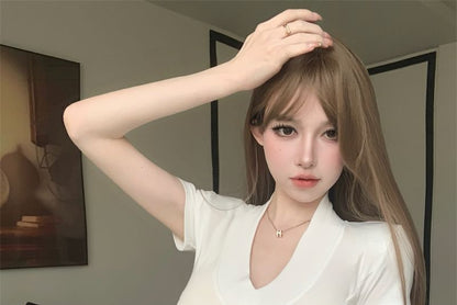 Short-Sleeve V-Neck Plain Slim Fit Crop Tee