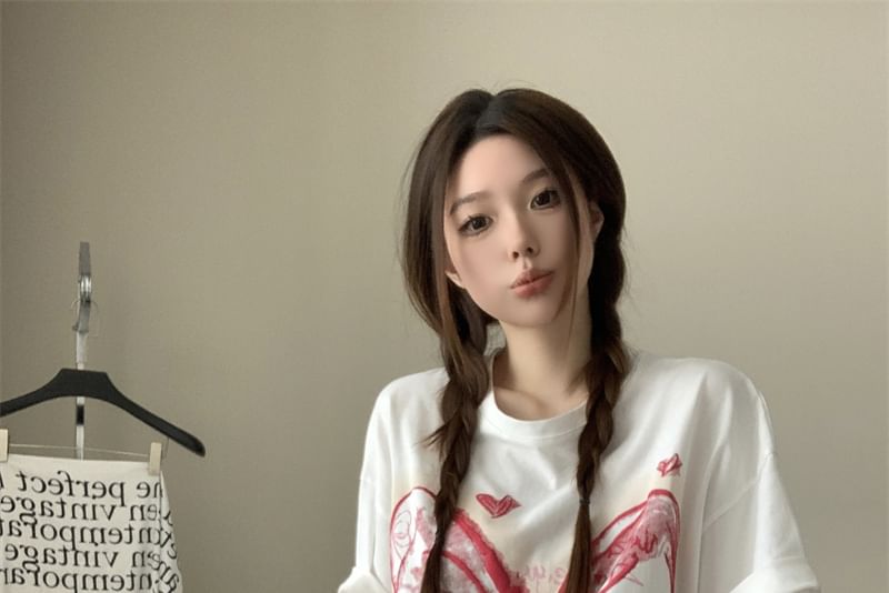 Elbow-Sleeve Round Neck Bow Print Oversized T-Shirt