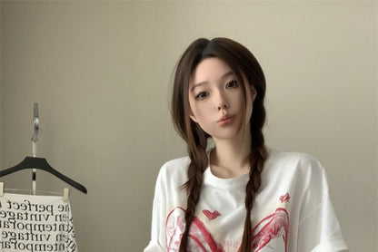 Elbow-Sleeve Round Neck Bow Print Oversized T-Shirt