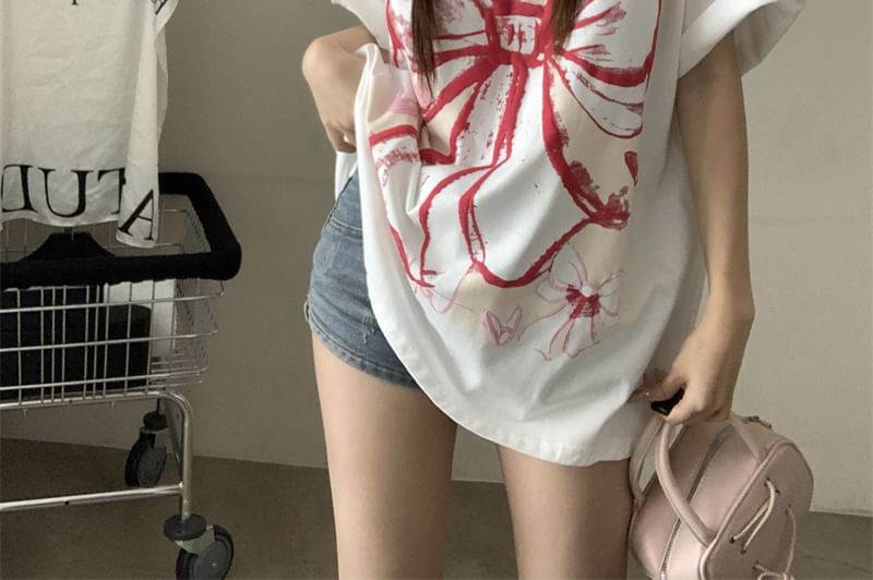 Elbow-Sleeve Round Neck Bow Print Oversized T-Shirt