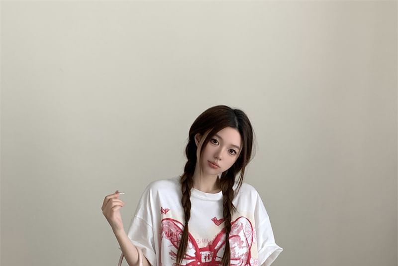 Elbow-Sleeve Round Neck Bow Print Oversized T-Shirt