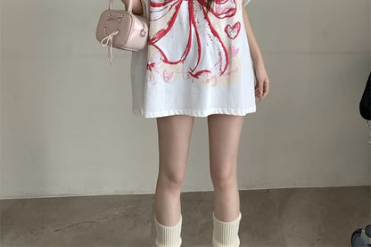 Elbow-Sleeve Round Neck Bow Print Oversized T-Shirt